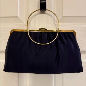 Vintage Navy Clutch with Gold Metal Handle